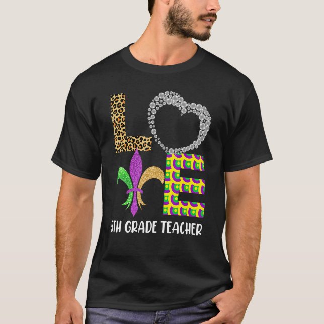 Mardi Gras Fifth Grade Teacher Beads Mask Feather  T-Shirt (Front)