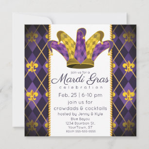 Mardi Gras fleur-de-lis Argyle Jester Hat Invitation