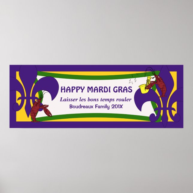 Mardi Gras Fleur de Lis Crawfish Party Banner Poster (Front)