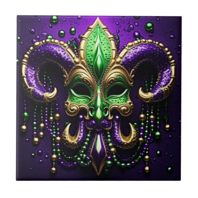 Mardi Gras Fleur De Lis Design Ceramic Tile (Front)