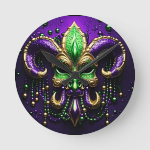 Mardi Gras Fleur De Lis Design Round Clock