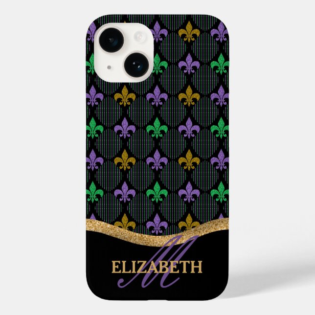 Mardi Gras Fleur De Lis Faux Glitter Monogram Case-Mate iPhone Case (Back)