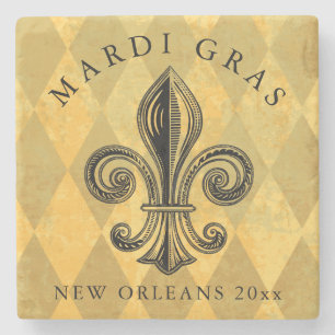 Mardi Gras Fleur-de-lis Harlequin Add Year Stone Coaster