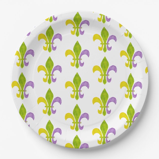 Mardi Gras Fleur de Lis on White Paper Plate (Front)