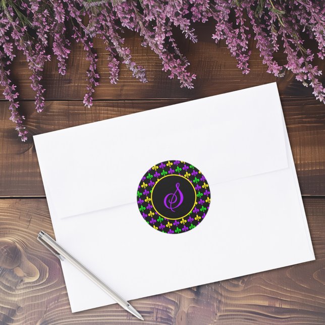 Mardi Gras Fleur de Lis Pattern Custom Monogram Classic Round Sticker (Creator Uploaded)
