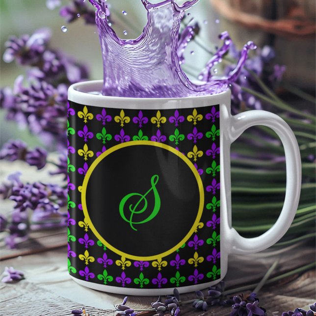 Mardi Gras Fleur de Lis Pattern Custom Monogram Coffee Mug (Creator Uploaded)