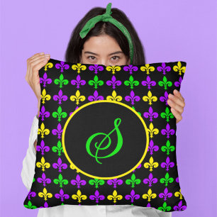 Mardi Gras Fleur de Lis Pattern Custom Monogram Cushion