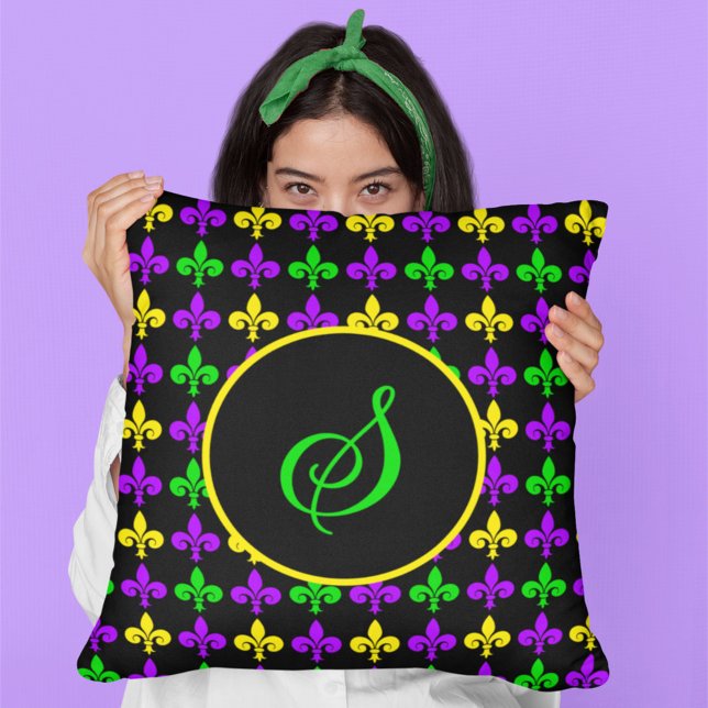 Mardi Gras Fleur de Lis Pattern Custom Monogram Cushion (Creator Uploaded)