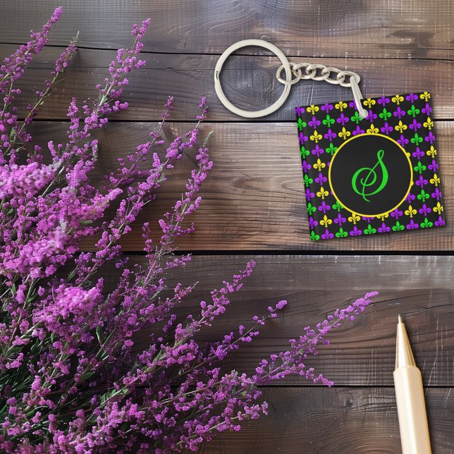 Mardi Gras Fleur de Lis Pattern Custom Monogram Key Ring (Creator Uploaded)