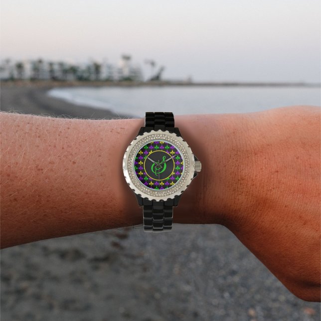 Mardi Gras Fleur de Lis Pattern Custom Monogram Watch (Creator Uploaded)