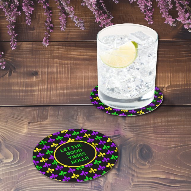 Mardi Gras Fleur de Lis Pattern Custom Text Round Paper Coaster (Creator Uploaded)