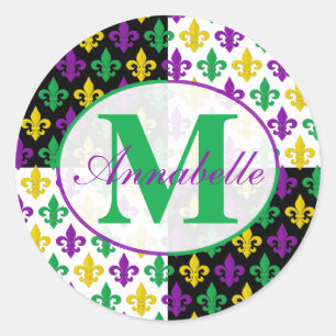 Mardi Gras Fleur-de-lis Pattern Personalised Classic Round Sticker