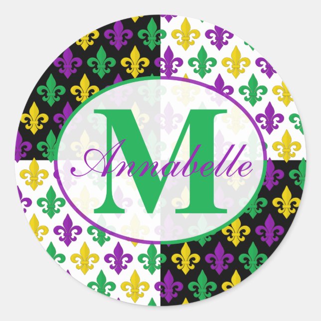 Mardi Gras Fleur-de-lis Pattern Personalised Classic Round Sticker (Front)