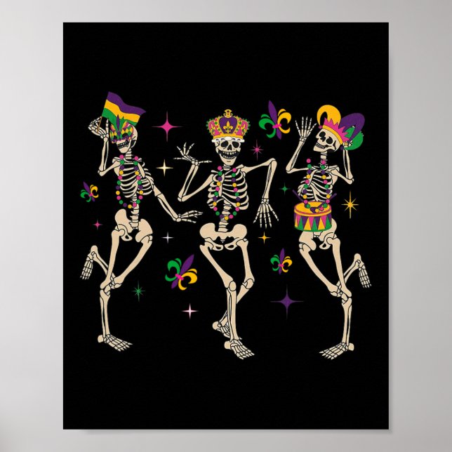 Mardi Gras Funny Skeletons Dancing Carnival Parade Poster (Front)