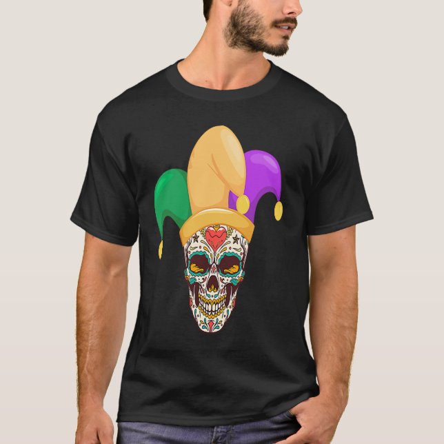 Mardi Gras Funny Sugar Skull Party Apparel Men Wom T-Shirt (Front)