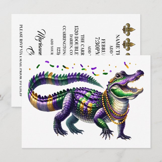 Mardi Gras Gator  Invitation (Front/Back)