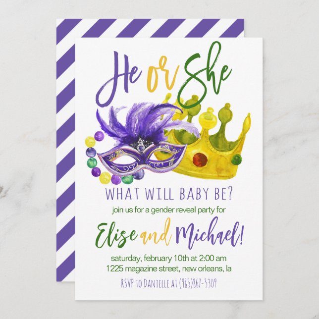 Mardi Gras Gender Reveal Invitation (Front/Back)