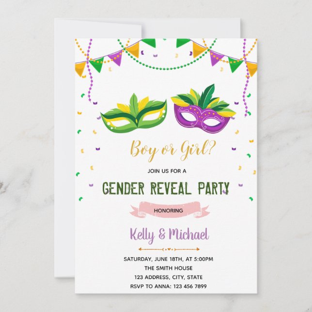 Mardi gras gender reveal shower invitation (Front)