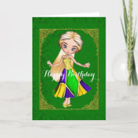 Mardi Gras Girl Green Birthday Card