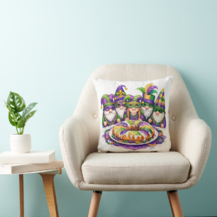 Mardi Gras Gnome Party With King Cake Cushion