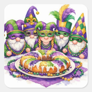 Mardi Gras Gnome Party With King Cake Square Sticker