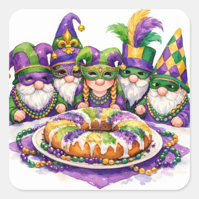 Mardi Gras Gnome Party With King Cake Square Sticker (Front)