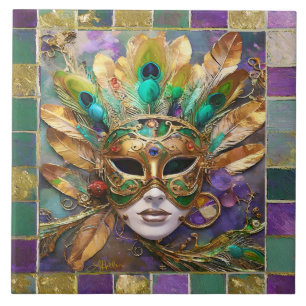 Mardi Gras Gold and Green Peacock Feather Mask Ceramic Tile