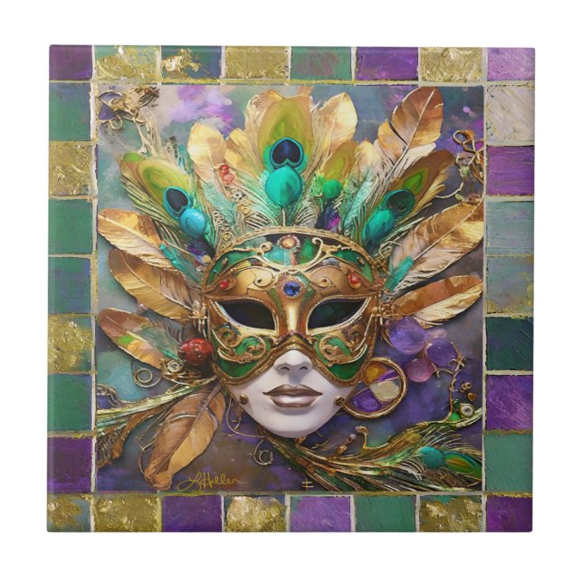 Mardi Gras Gold and Green Peacock Feather Mask Ceramic Tile (Front)