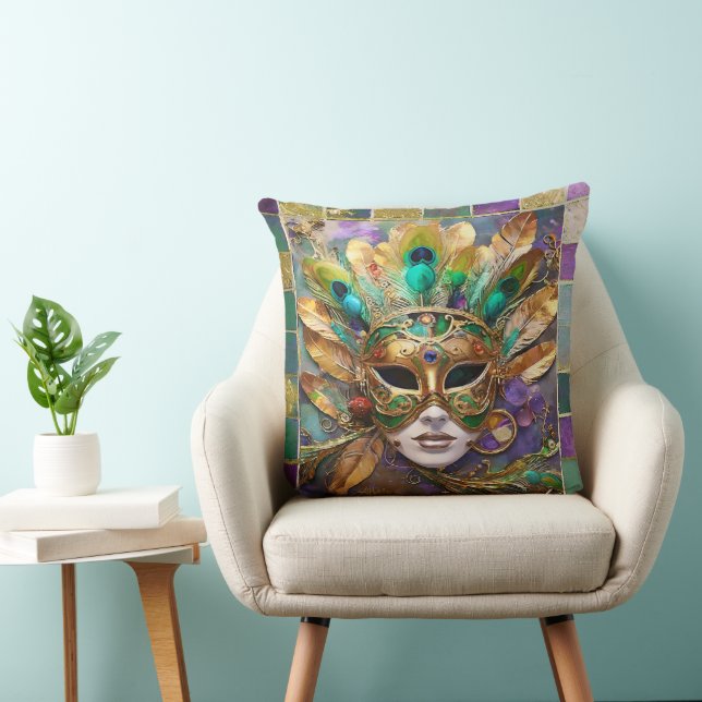 Mardi Gras Gold and Green Peacock Feather Mask Cushion (Chair)