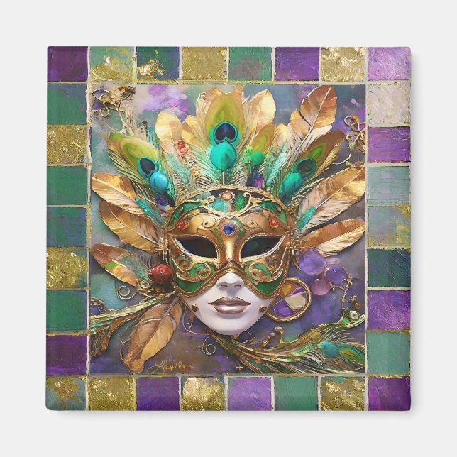 Mardi Gras Gold and Green Peacock Feather Mask Magnet (Front)