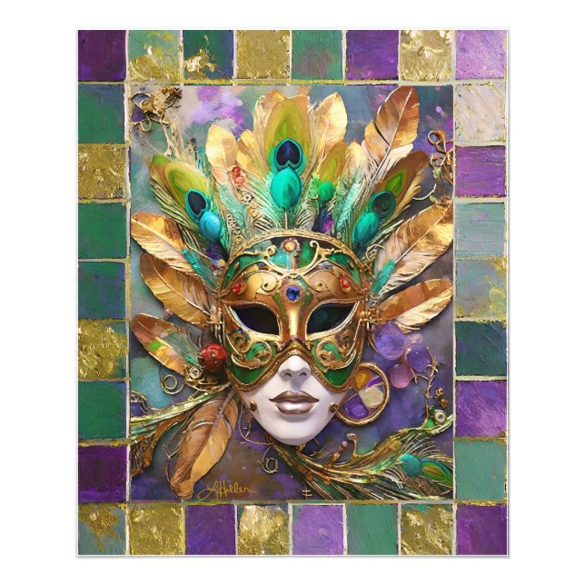 Mardi Gras Gold and Green Peacock Feather Mask Photo Print (Front)