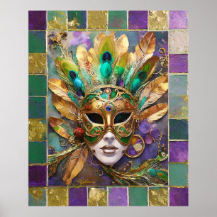 Mardi Gras Gold and Green Peacock Feather Mask Poster