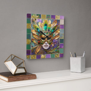 Mardi Gras Gold and Green Peacock Feather Mask Square Wall Clock