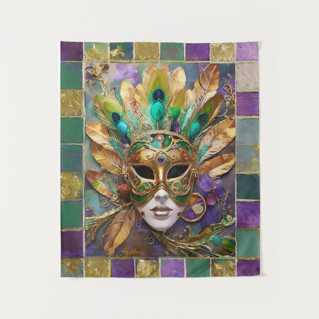 Mardi Gras Gold and Green Peacock Feather Mask Tapestry (Front)