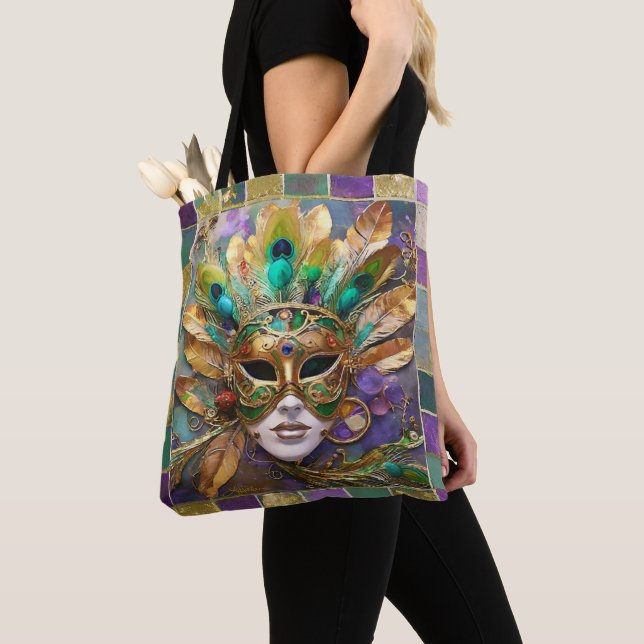 Mardi Gras Gold and Green Peacock Feather Mask Tote Bag (Close Up)
