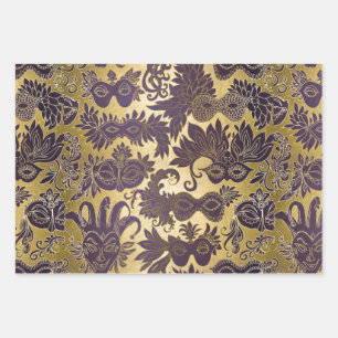 Mardi Gras Gold and Purple Masquerade Masks Wrapping Paper Sheet