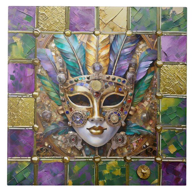 Mardi Gras Gold & Ceramic Colourful Feather Mask Ceramic Tile (Front)