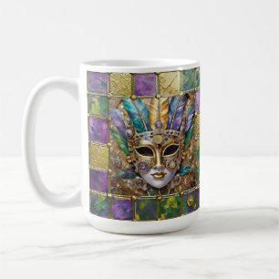 Mardi Gras Gold & Ceramic Colourful Feather Mask Coffee Mug