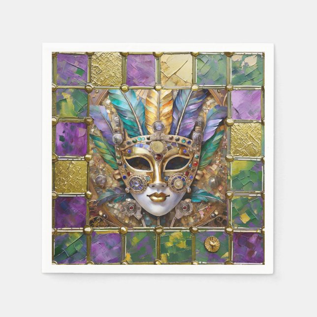 Mardi Gras Gold & Ceramic Colourful Feather Mask Napkin (Front)