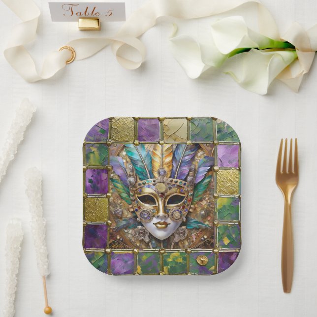 Mardi Gras Gold & Ceramic Colourful Feather Mask Paper Plate (Wedding)