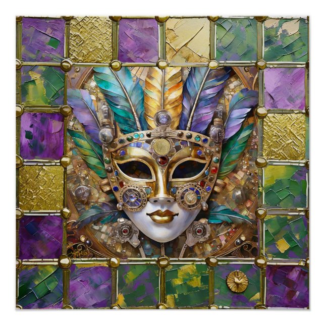 Mardi Gras Gold & Ceramic Colourful Feather Mask Poster (Front)