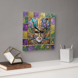 Mardi Gras Gold & Ceramic Colourful Feather Mask Square Wall Clock