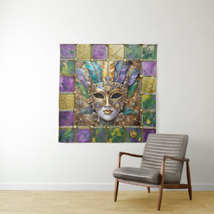 Mardi Gras Gold & Ceramic Colourful Feather Mask Tapestry