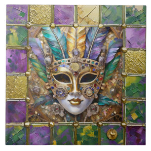 Mardi Gras Gold & Ceramic Colourful Feather Mask Tile