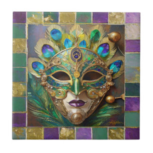 Mardi Gras Gold Ceramic Peacock Feather Mask Ceramic Tile