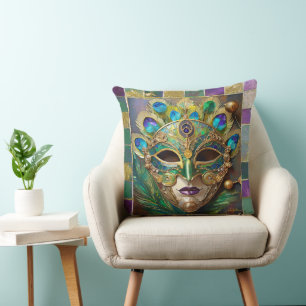 Mardi Gras Gold Ceramic Peacock Feather Mask Cushion