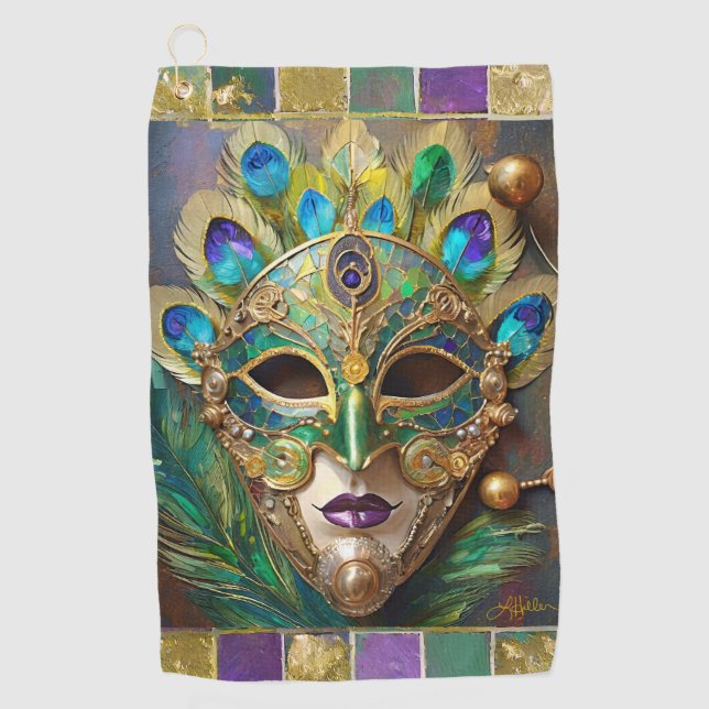 Mardi Gras Gold Ceramic Peacock Feather Mask Golf Towel (Front)