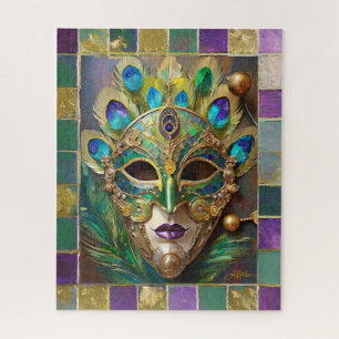 Mardi Gras Gold Ceramic Peacock Feather Mask Jigsaw Puzzle