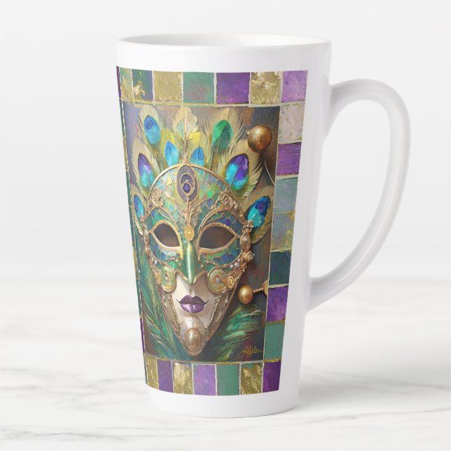 Mardi Gras Gold Ceramic Peacock Feather Mask Latte Mug (Right)