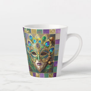 Mardi Gras Gold Ceramic Peacock Feather Mask Latte Mug